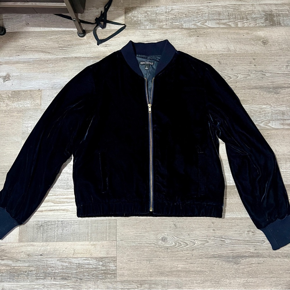 J.CREW Mercantile Velvet Bomber Jacket Navy Blue size S